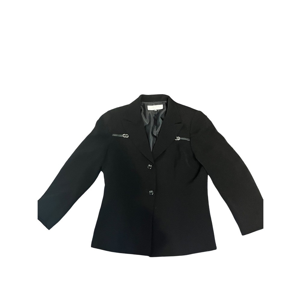 Tahari Arthur S Levine Black Blazer Jacket Faux Leather Trim Silver Hardware 10